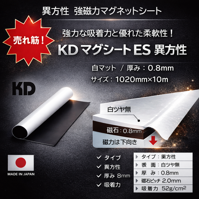 KDマグネットシートES（白マット/異方性） 厚み：0.8mm/サイズ：1020mm×10M
