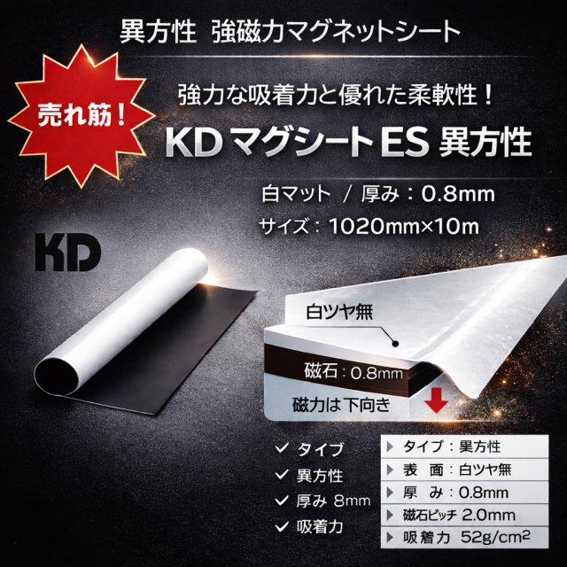 KDマグネットシートES（白マット/異方性） 厚み：0.8mm/サイズ：1020mm×10M