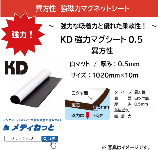 KD強力マグネットシート0.5（白マット/異方性） 厚み：0.5mm/サイズ：1020mm×10M