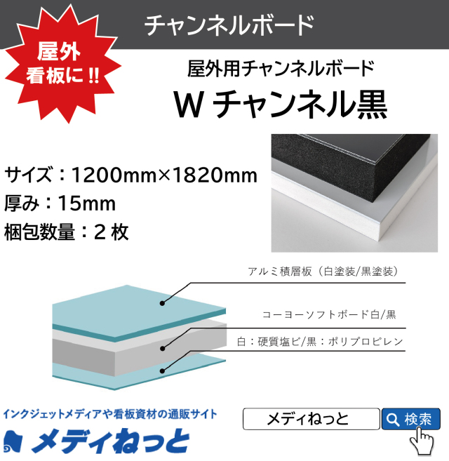 Wチャンネル黒 厚み：15mm / サイズ：1200mm×1820mm【2枚入り】