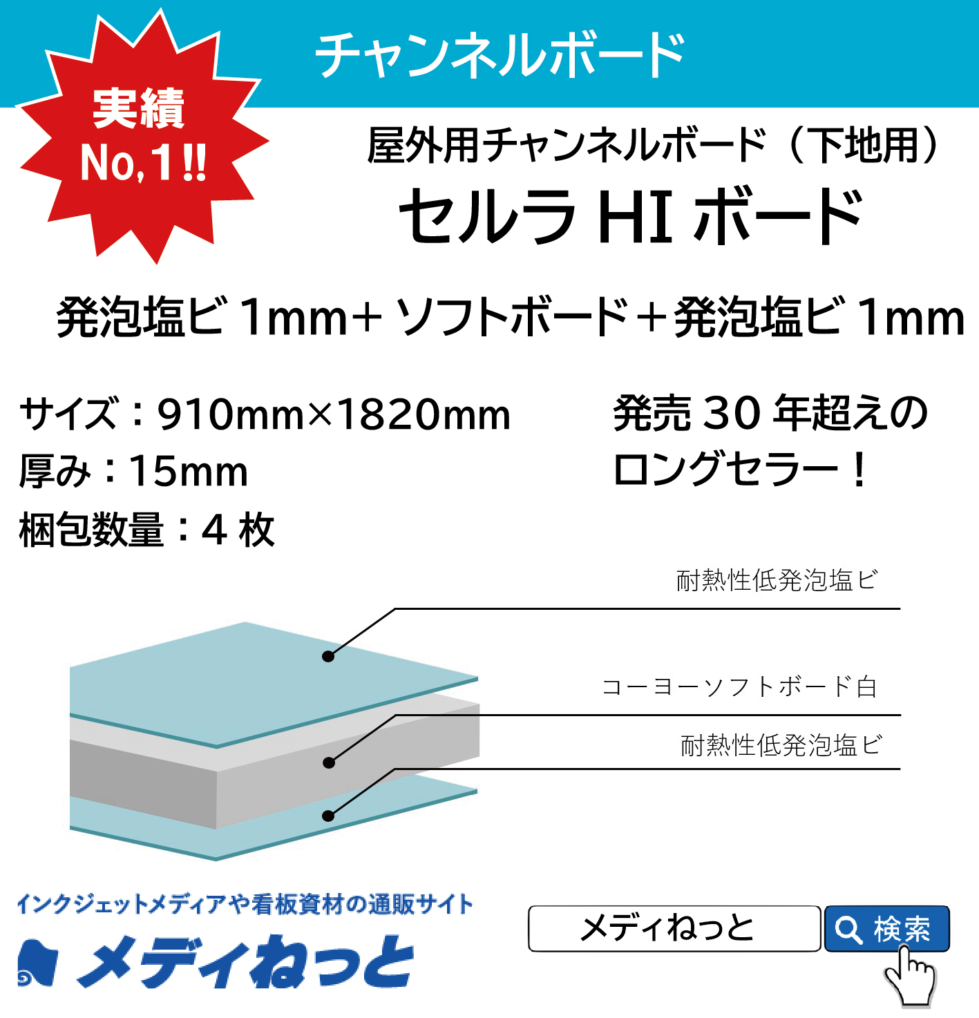 NEW Hi ボード（旧：セルラHIボード） 厚み：15mm / サイズ：910mm×1820mm【4枚入り】