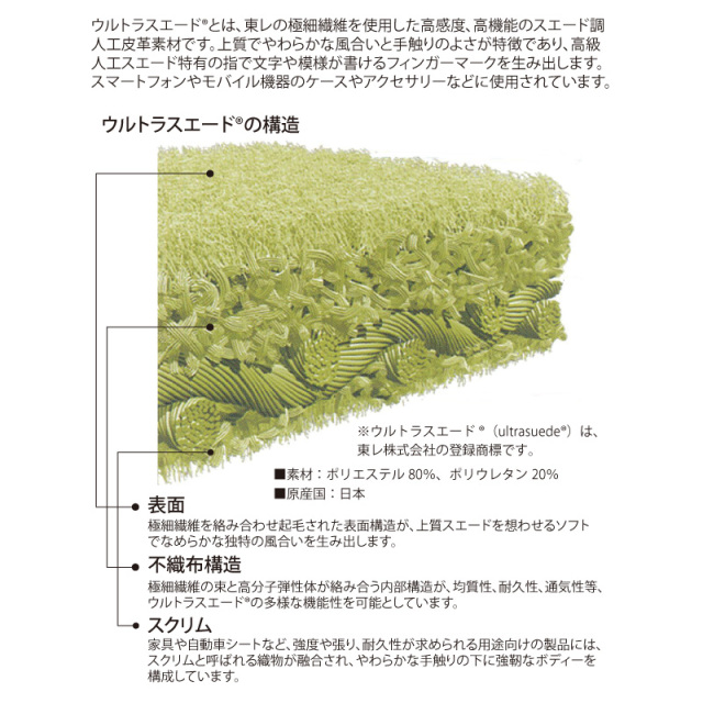 ウルトラスエード®とは、東レの極細繊維を使用した高感度、高機能のスエード調 人工皮革素材です。