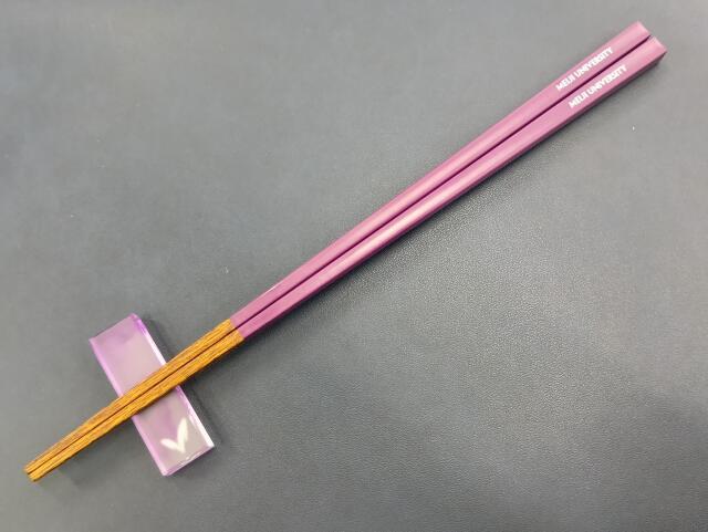木製装飾付き箸 緑と紫 明治大学 天然木箸・箸置きセット