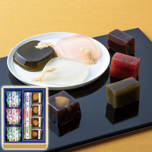 河内駿河屋 花利休 和菓子詰合せ(羊羹(粒・梅・茶)・くずもち(純・桜・抹茶)各1個・のれん栗4個) FR-15 1200-061