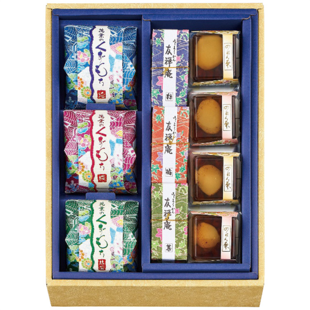 河内駿河屋 花利休 和菓子詰合せ(羊羹(粒・梅・茶)・くずもち(純・桜・抹茶)各1個・のれん栗4個) FR-15 1200-061