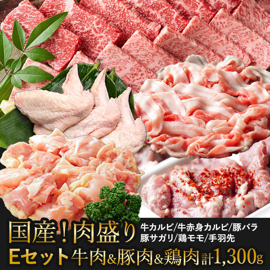 【送料無料】肉盛りEセット(焼肉用)　牛カルビ/牛赤身カルビ/豚バラ/豚サガリ/鶏モモ/手羽先 牛肉 豚肉 鶏肉 焼き肉 バーベキュー お肉セット