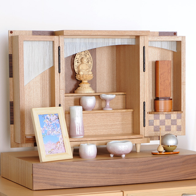 モダンミニ仏壇 夢SO タモ市松 13号（本体+付属品）セット