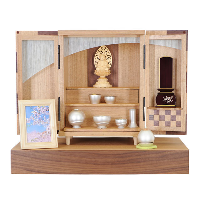 モダンミニ仏壇 キューブ タモ市松セット 13号＋仏壇台