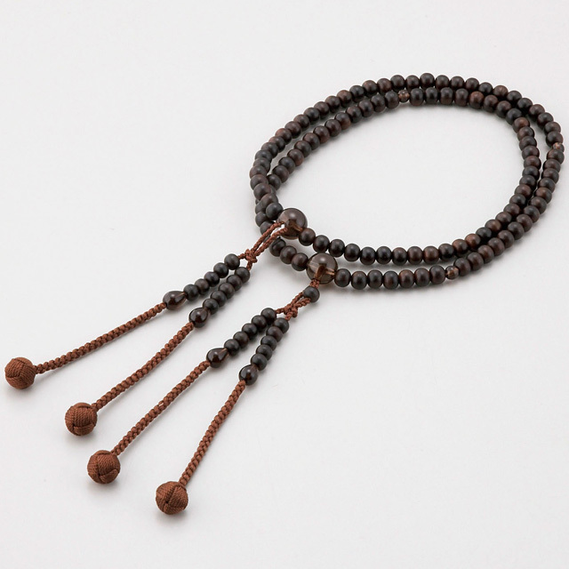 真言宗 本連・本式数珠 素挽縞黒檀 茶水晶仕立 カガリ梵天 焦茶 