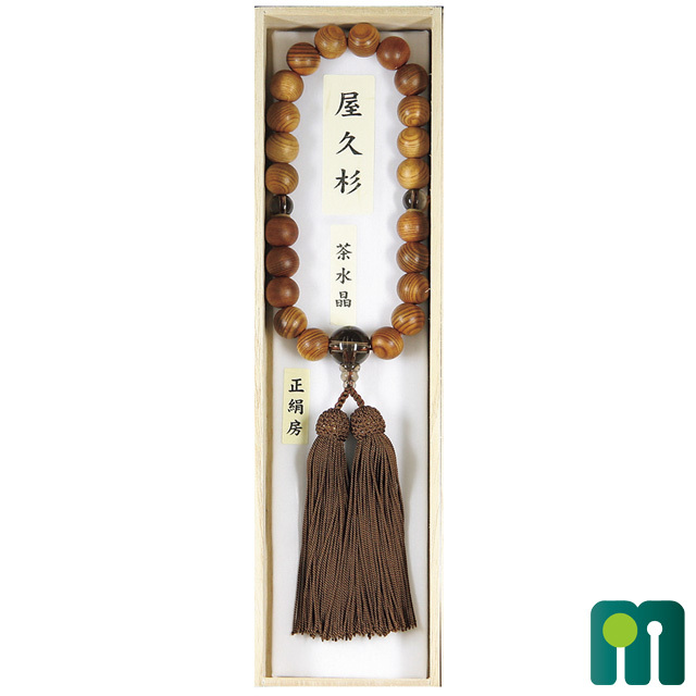 男性用数珠 片手屋久杉22玉 茶水晶仕立 正絹頭付房(京茶) 8寸細桐箱付