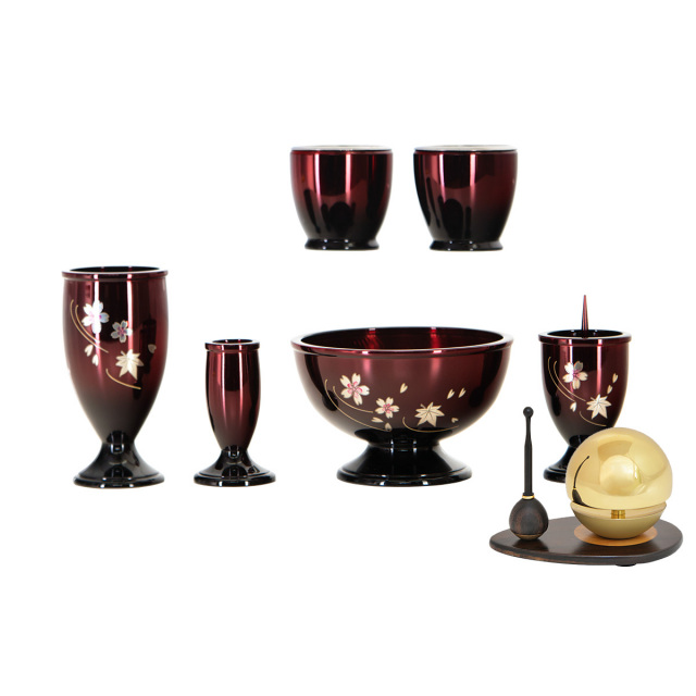 モダン仏具 三日月 ワインボカシ彫金 6点セット+リン