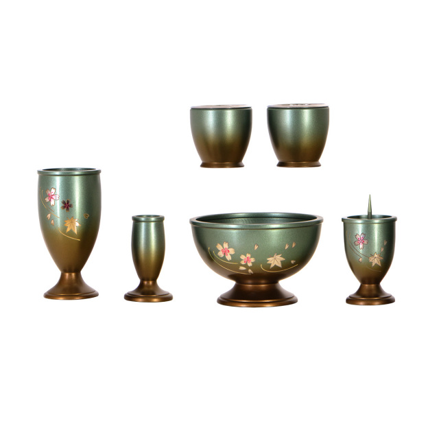 モダン仏具 三日月 マットグリーン彫金 6点セット  仏具セット