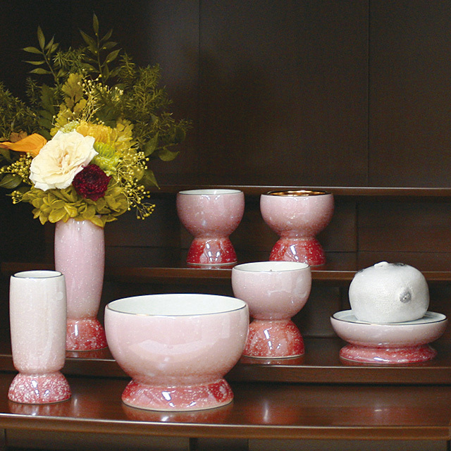 有田焼 仏具 陶器 光綺 ピンクレッド 7点セット