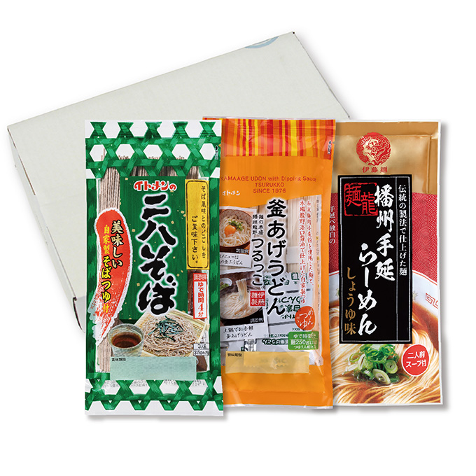 　[D-19]　冬季限定・3種詰め合わせ（二八そば4袋  釜あげうどん4袋、播州手延らーめんしょうゆ味4袋）