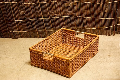 籐ラタンステンハンドル角バスケット　浅型