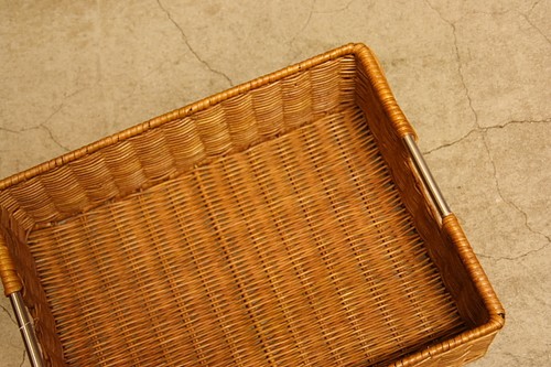 籐ラタンステンハンドル角バスケット　浅型