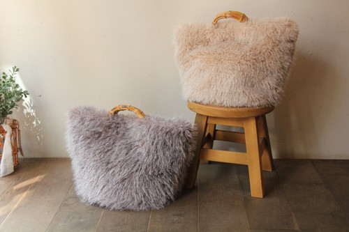 バンブーハンドルフェイクファートートかごバッグ