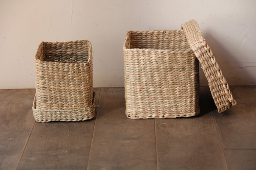 シーグラスの角型フタ付きボックスバスケット