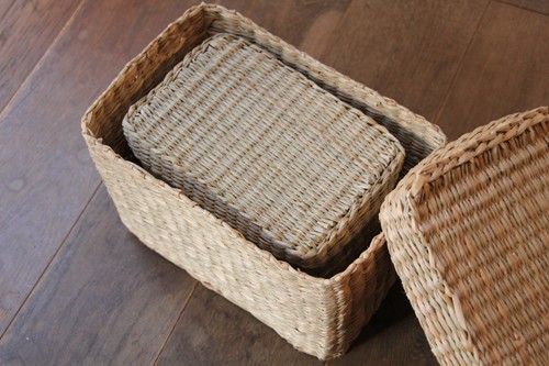 シーグラスの角型フタ付きボックスバスケット