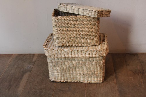 シーグラスの角型フタ付きボックスバスケット