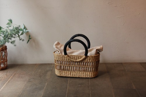 シーグラス透かし編みリングハンドルかごバッグ