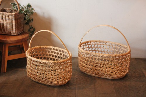 竹の六つ目編み楕円手付きかご日本製