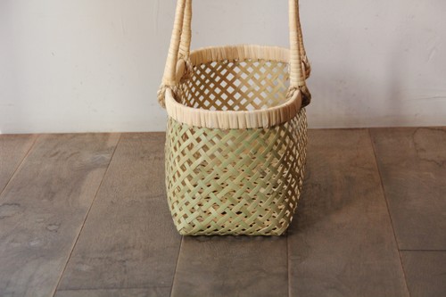 青竹四つ目編み手付きかご