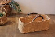 アフリカ・モロッコのかご【ストロー横長マルシェバスケット レザーカバーハンドル L】かごバッグに！マガジンラックに！《2225》