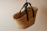 モロッコの市場かご【縁レース編みマルシェバスケット 平革手】《0194》　