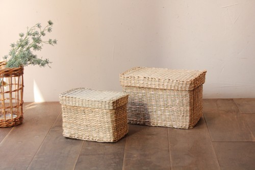 シーグラスの角型フタ付きボックスバスケット