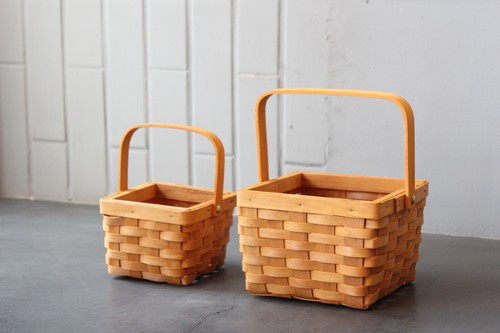 ワンハンドルスライスウッドスクエアバスケット