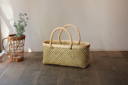 青竹四つ目編み手付きかご