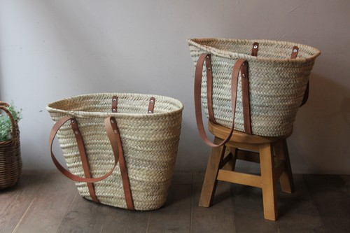 ヤシの平革ハンドル肩掛けマルシェバッグ