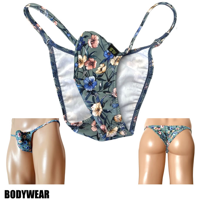 在庫限り！３０％OFF！BODYWEAR メンズビキニ グリーンフラワー柄 上向きTフロント リオバック　2005241