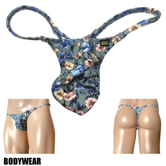 在庫限り！３０％OFF！BODYWEAR メンズビキニ グリーンフラワー柄 サイドストリング Tバック　3352241