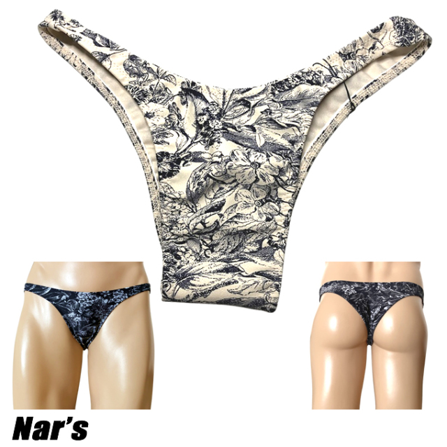 Nar's メンズビキニ モノクロリーフ柄 フロントノーシーム ハーフバック 1164