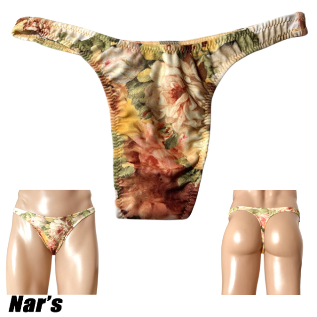 Nar's メンズビキニ オレンジボタニカル柄 フロントノーシーム Ｔバック 1666