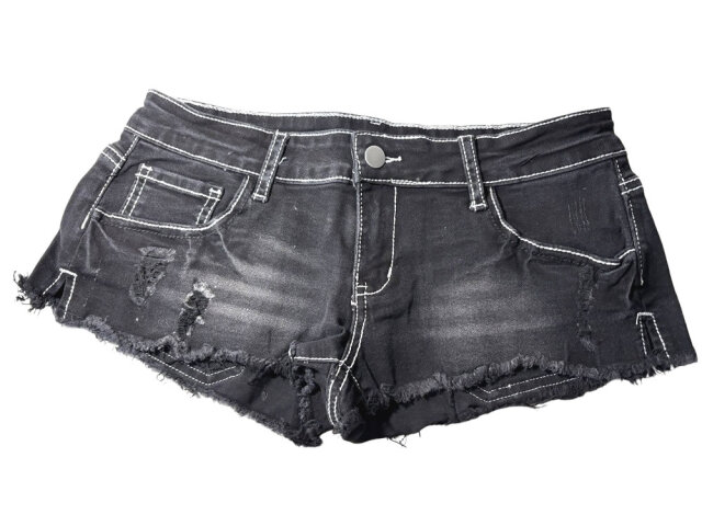 ホットパンツ ストレッチデニム ローライズ BLACK×WHITEステッチ ダメージ加工&サイドスリット hp1028