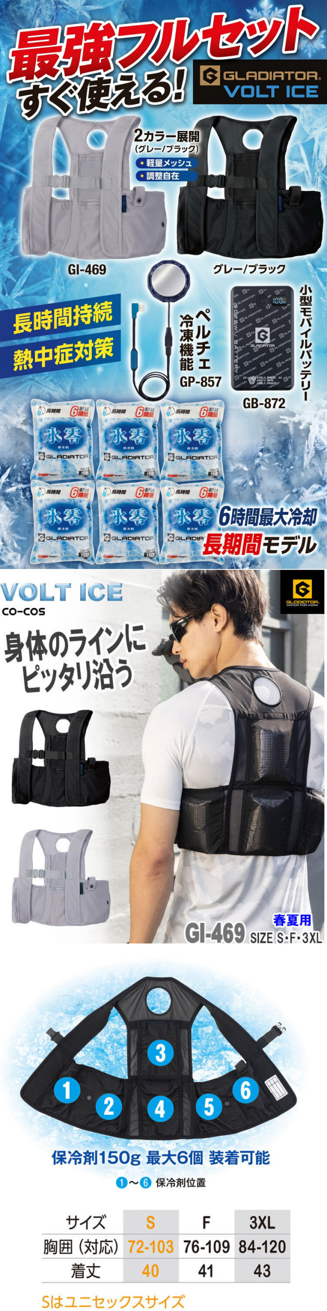 ベスト＋氷零 0℃ 保冷剤6個＋ペルチェ小型バッテリーセット GI-469+GI