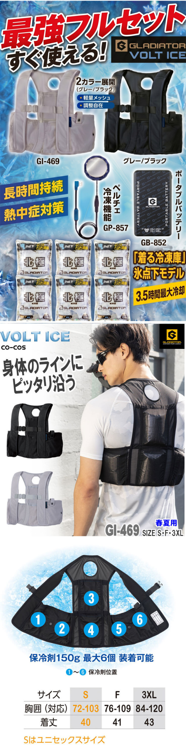 ベスト＋北極-10℃ 保冷剤6個＋ペルチェ小型バッテリーセット GI-469+GI