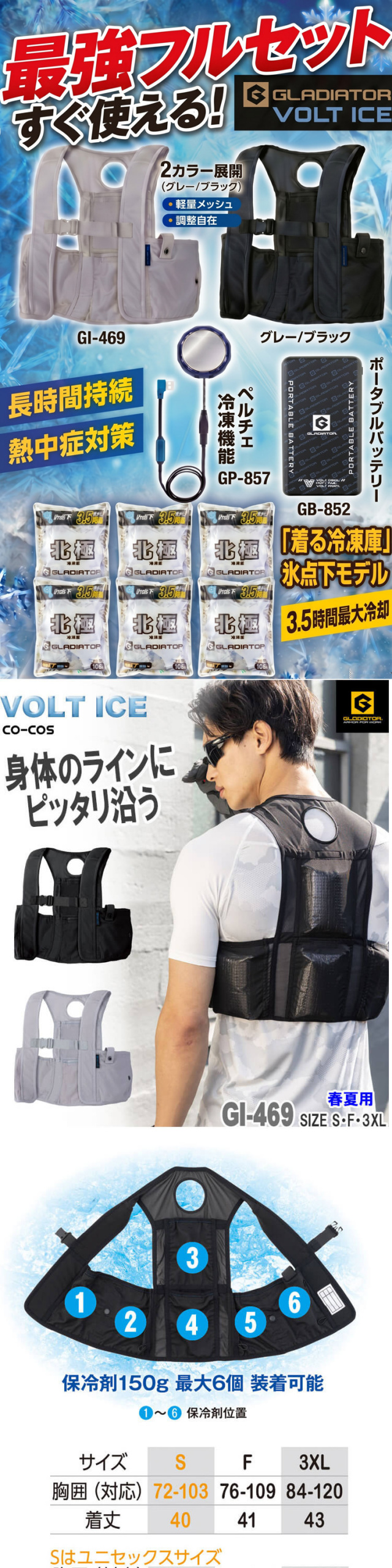 heteさまご確認用！ ベスト＋北極-10℃ 保冷剤6個＋ペルチェバッテリーセット GI-469+GI