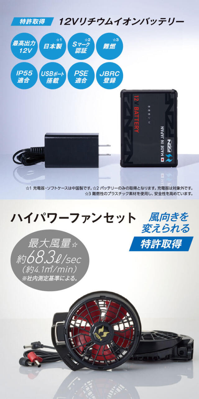 空調風神服 ファンセット(ななめタイプ)+新型12Vバッテリーセット