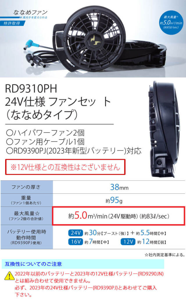 空調風神服 24V仕様ファンセット(ななめタイプ) RD9310PH 日本製 