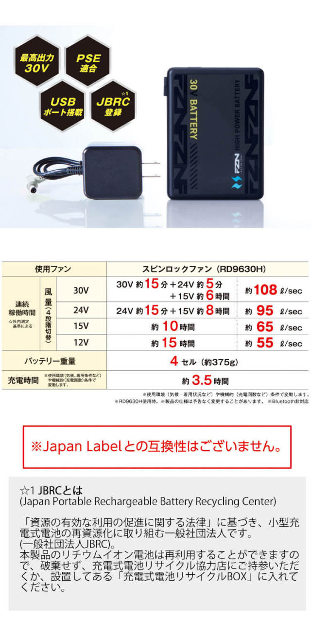 空調風神服 新型30V バッテリーセット RD9680G グローバルレーベル