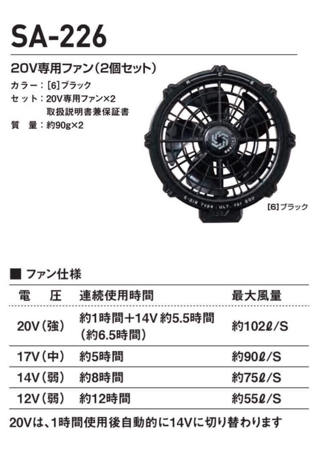 シンメン S-AIR 20V専用ファンセット(2個セット) SA-226| 空調服