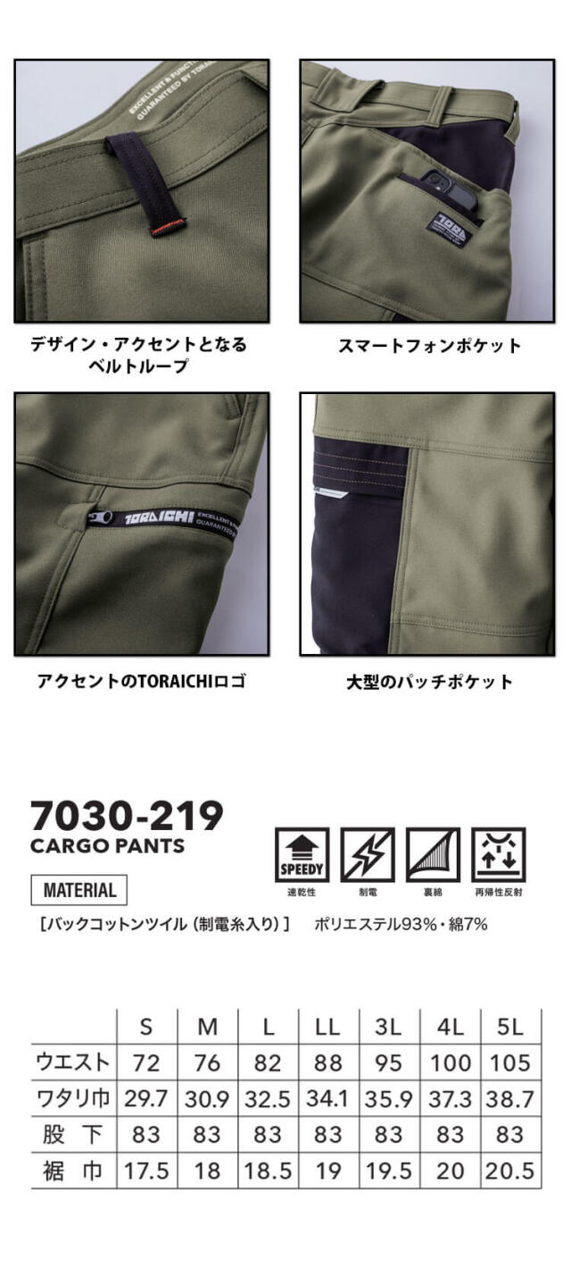 作業服 作業着 TORAICHI 寅壱 トライチ カーゴパンツ 7030-219 制電 裏