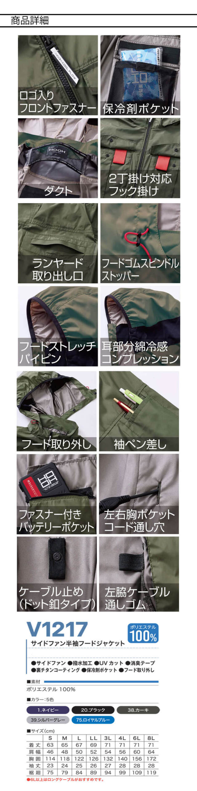 HOOH 快適ウェア サイドファン半袖フードジャケット(ファンなし) V1217