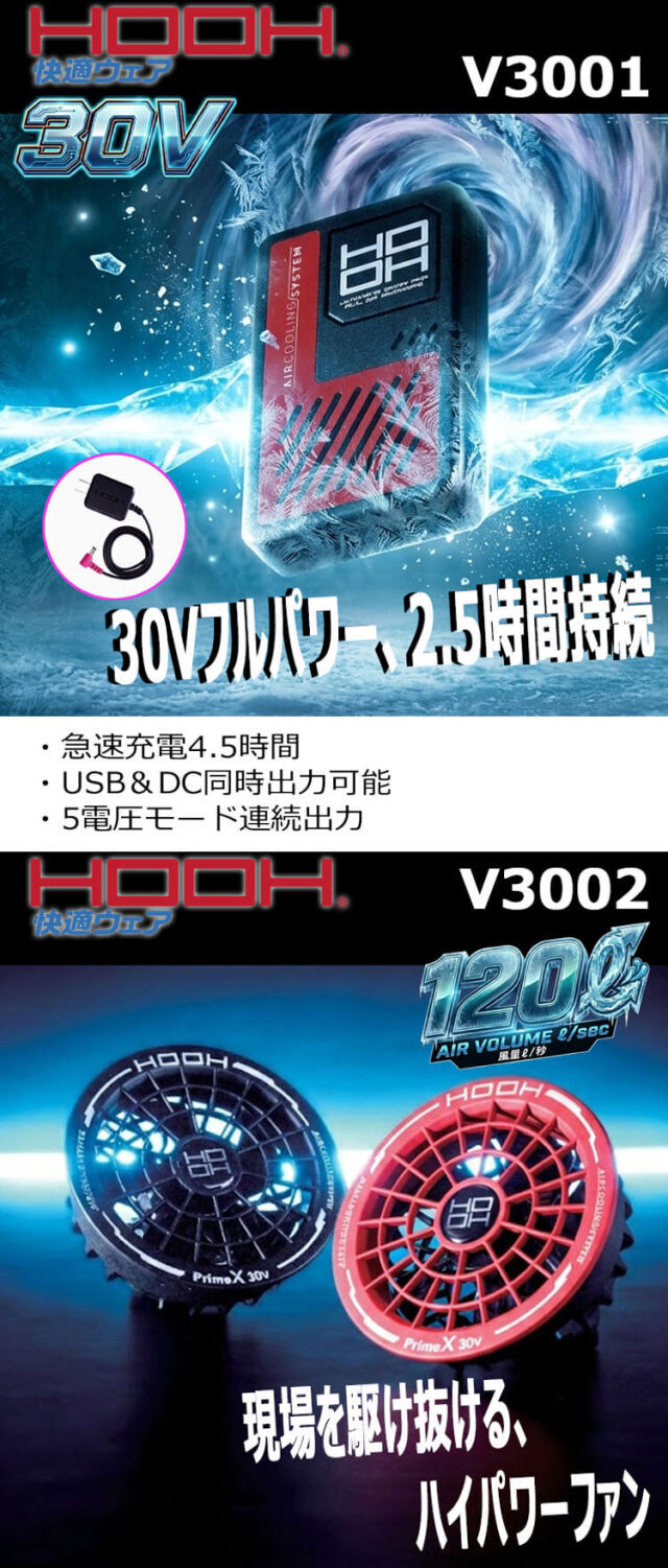 HOOH 快適ウェア ファン+新型30Vバッテリーセット V3001+V3002 V30