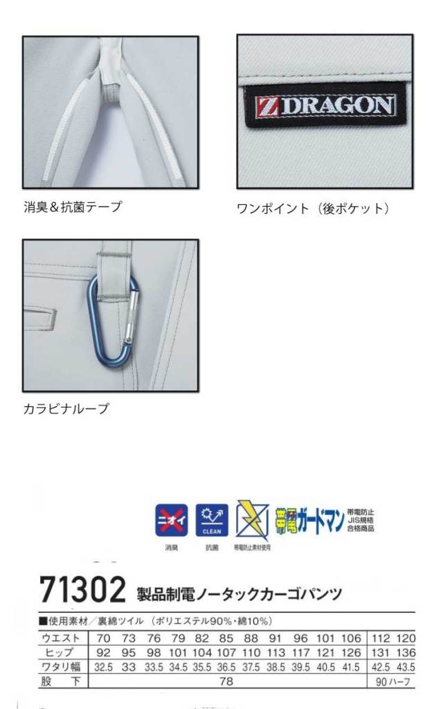 Z-DRAGON 自重堂71302製品制電ノータックカーゴパンツ｜作業服・作業着