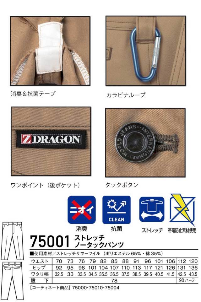 Z-DRAGON 自重堂75001ストレッチノータックパンツ｜作業服・作業着の
